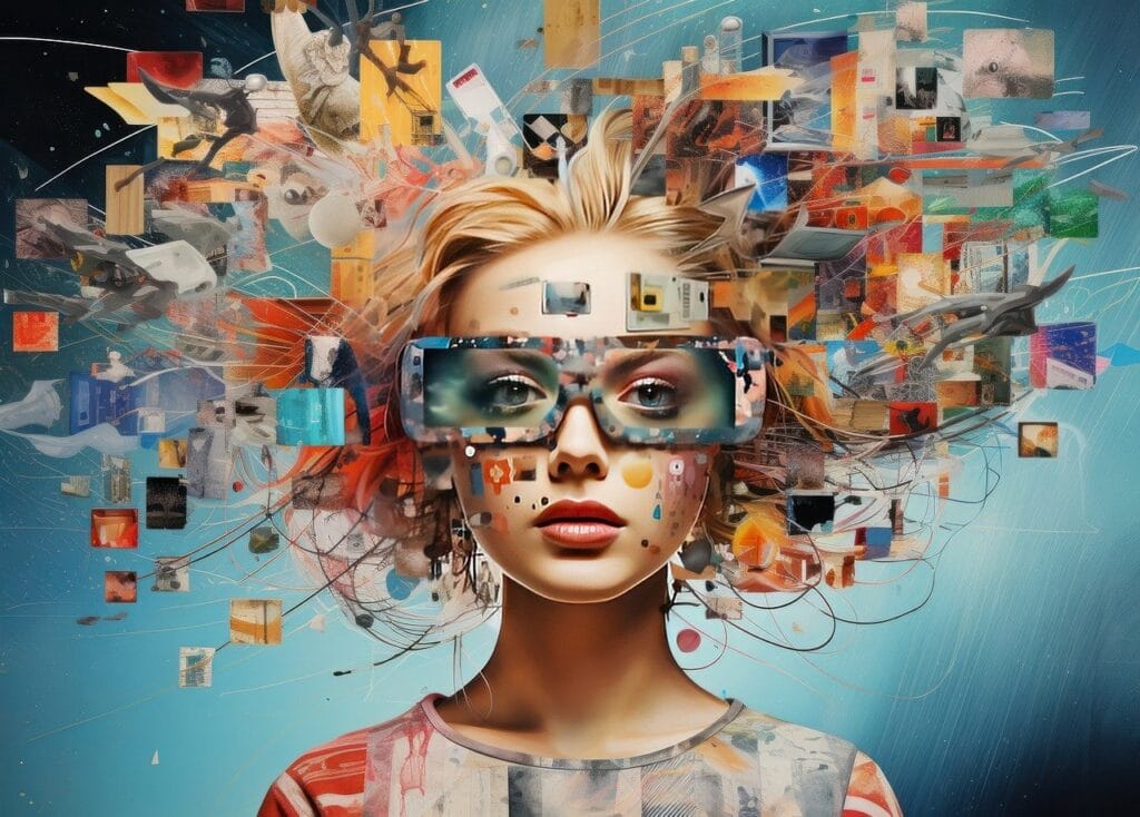 Girl with social media apps flying around her head